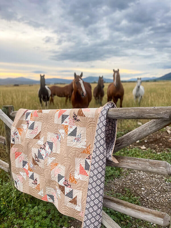 Quilt in fence with horses in background